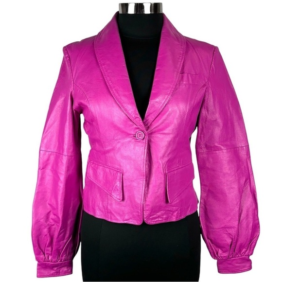 METRO STYLE Y2K HOT PINK LEATHER PUFF SLEEVE TAILORED BARBIE BLAZER JACKET - Picture 4 of 15